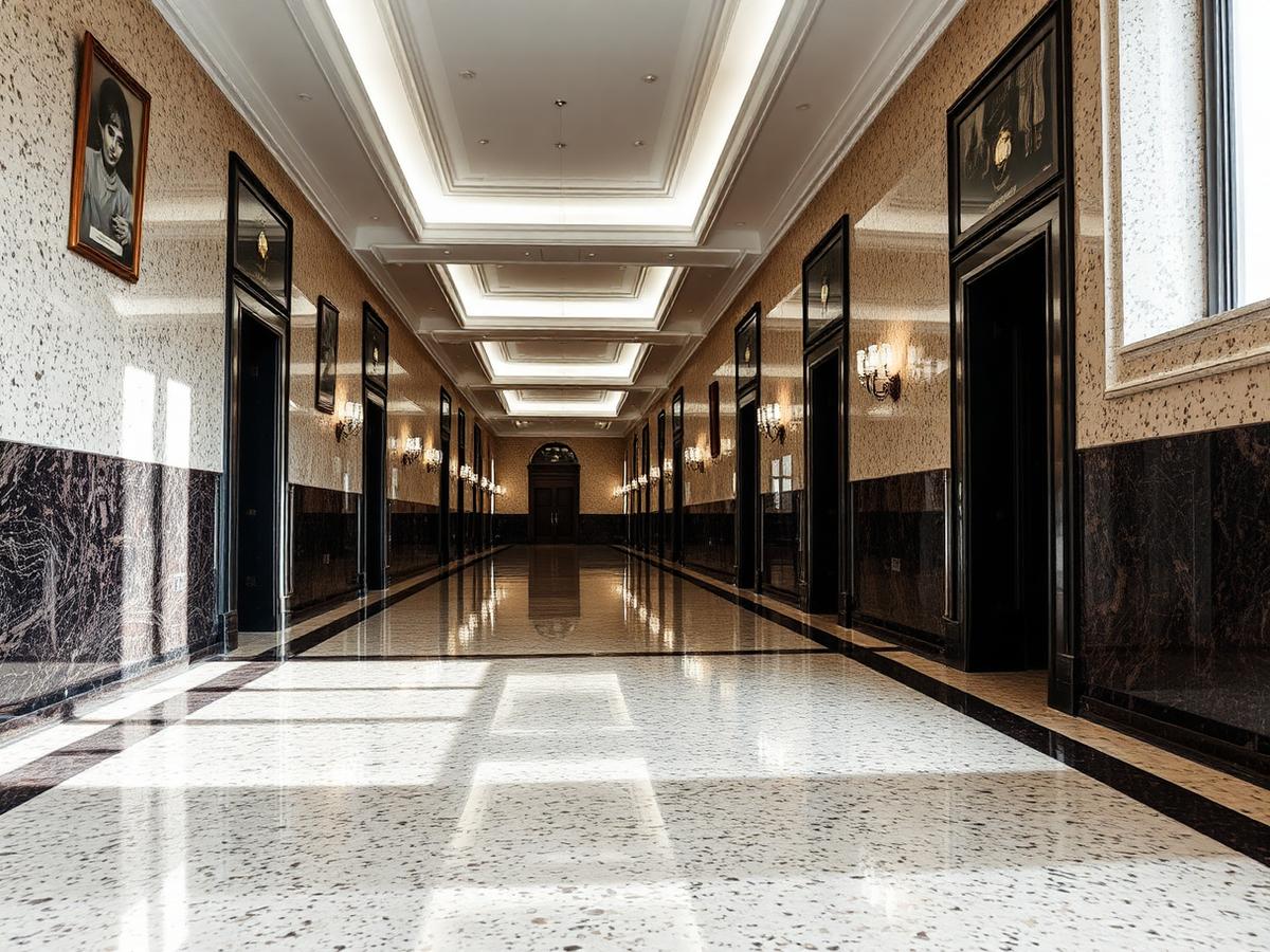 Piso de granitina revitalizado em corredor de edifício