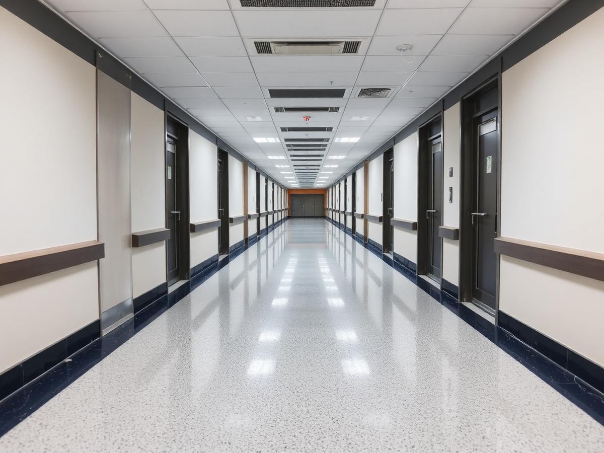 Corredor institucional com piso de granitina limpo