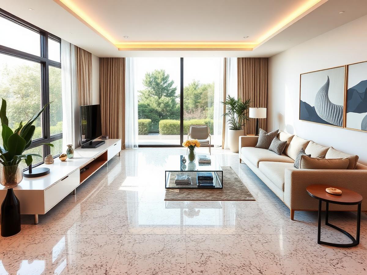 Sala residencial com piso de granitina de acabamento premium